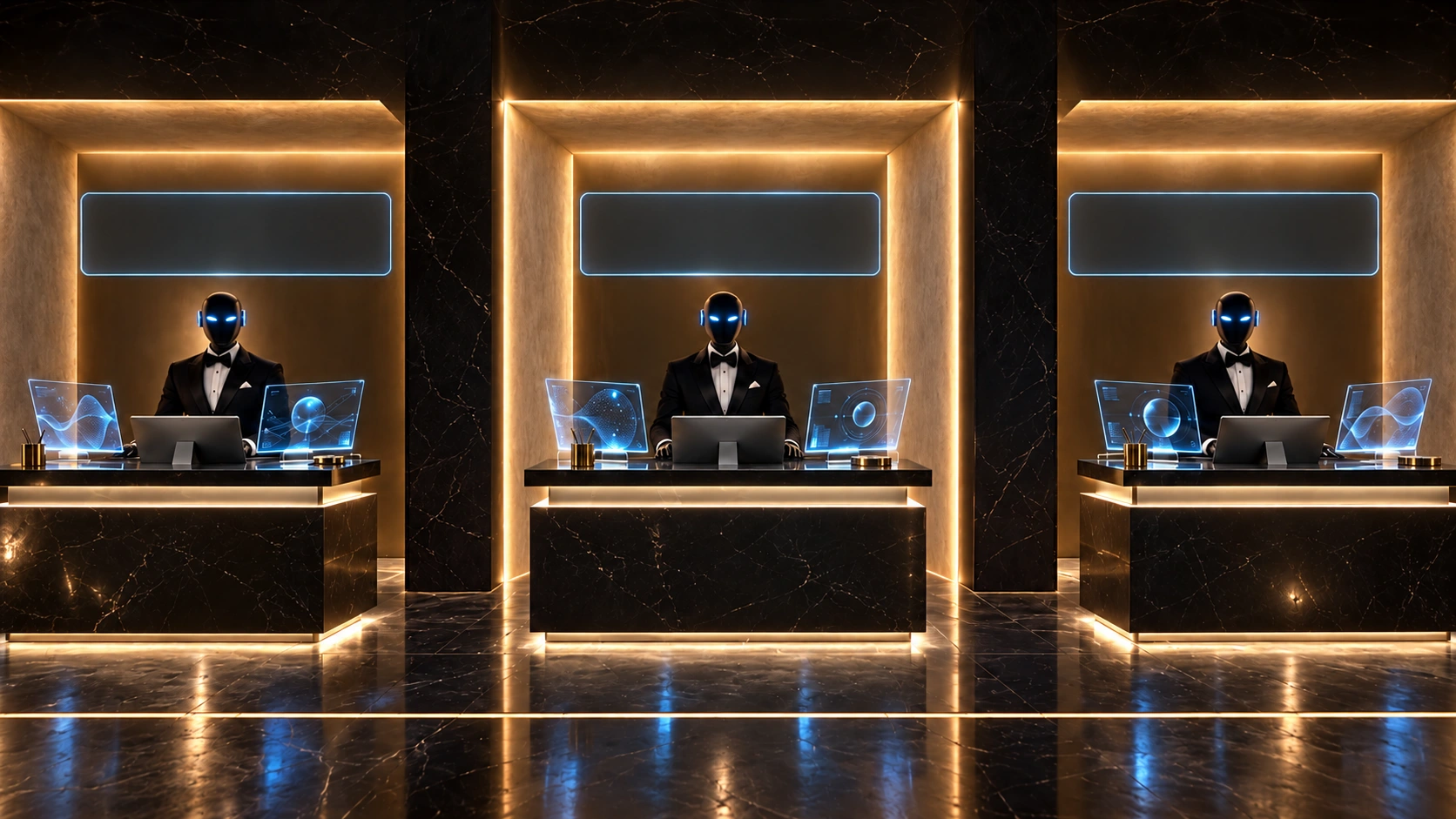 Three ARMONT agents in tuxedos at black marble desks with computers and holographic displays